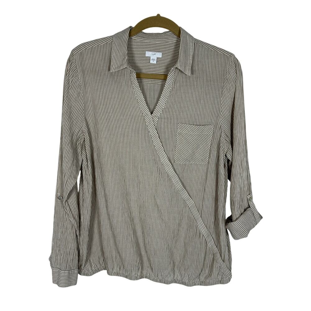 J.Jill Collared Tan‎ Ticking Stripe Cotton Faux Wrap Front Shirt Size Medium